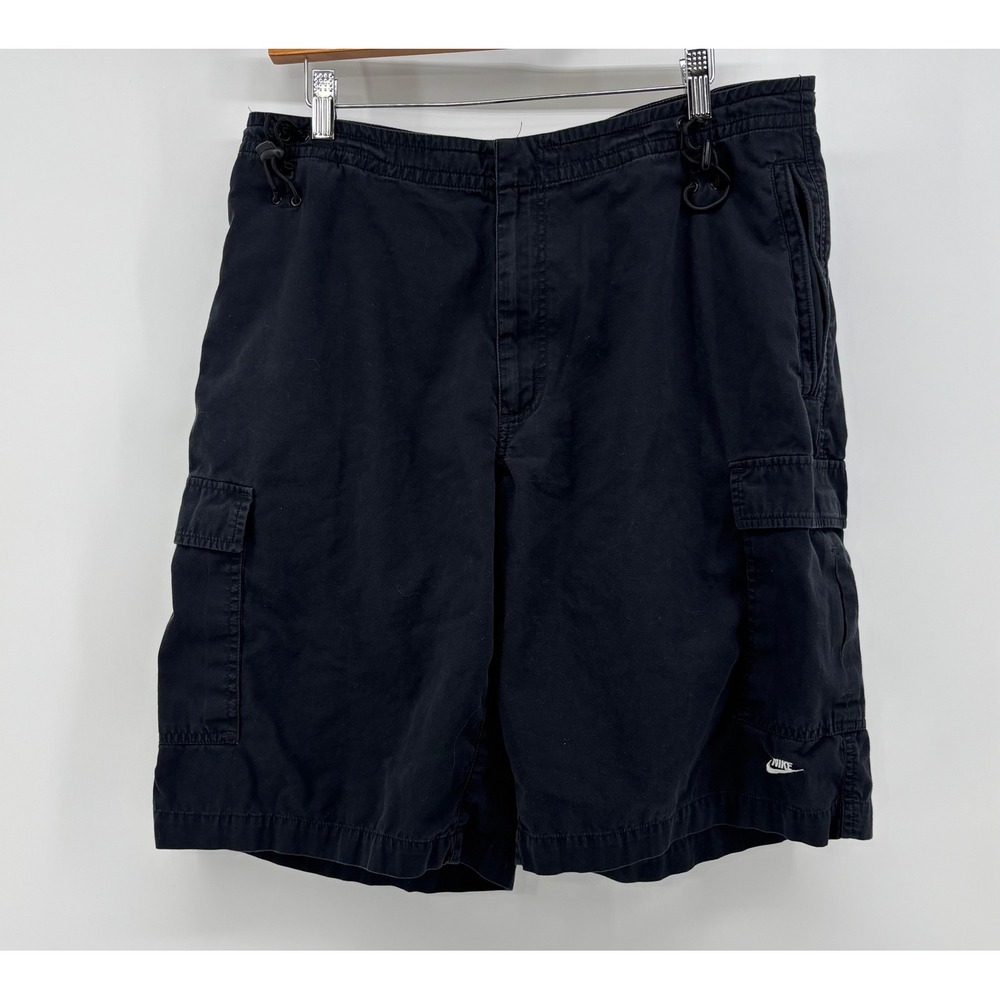 Nike Cargo Shorts Men Large Black Cotton Swoosh Logo Bungee Cord Waist